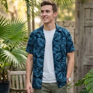 Sonoma Men’s S Relaxed Blue Tropical Linen Blend Short Sleeve Collared Shirt